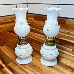 Pair of Vintage Milk Glass Miniature Hurricane Oil Lamps with Applied Roses